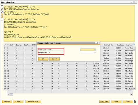 SQL Stored Procedure and <b>Parameter</b> in <b>Query</b> Generator in <b>SAP</b> <b>B1</b> 1097 Views Follow RSS Feed Dear All, I want to create some reports using sql stored procedures in <b>SAP</b> <b>B1</b>, so i tried this simple stored proc like this USE [ZZZTEST] GO SET ANSI_NULLS ON GO SET QUOTED_IDENTIFIER ON GO ALTER PROCEDURE [dbo]. . Sap b1 query parameters